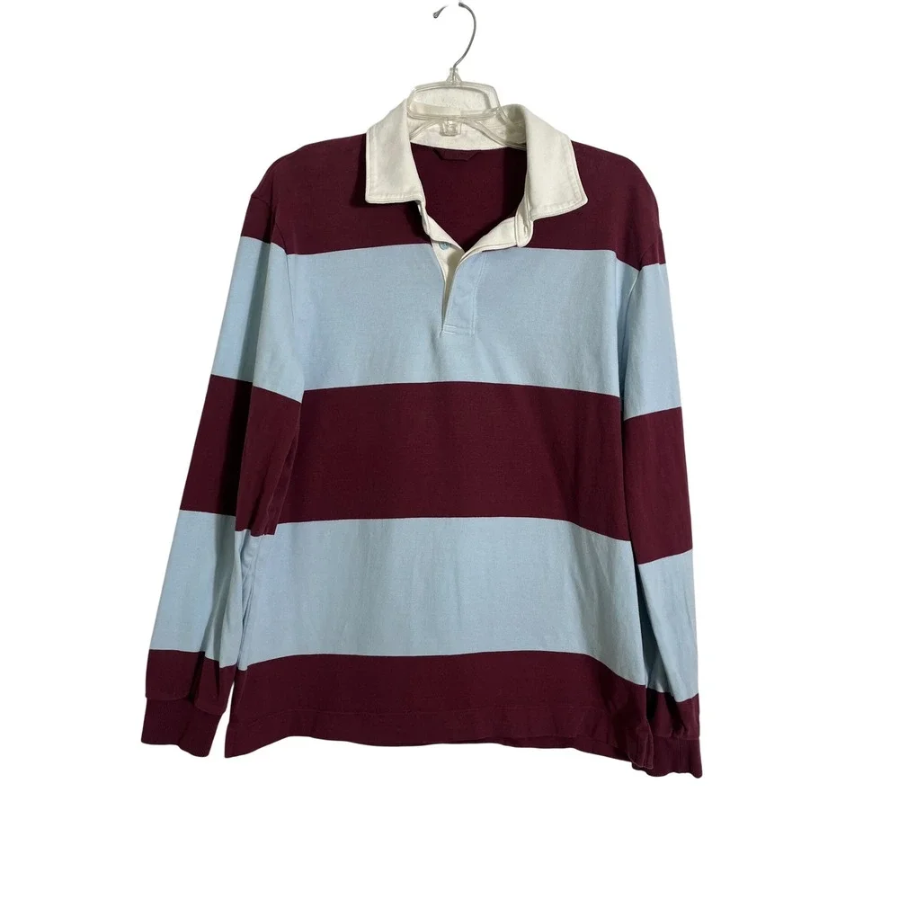 LULULEMON Long Sleeve Cotton Rugby Shirt in Wide Stripe Burgundy Bay Foam Cloud